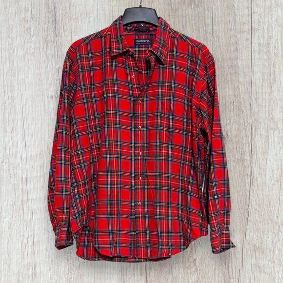 Vintage Burberrys Holiday Red Tartan Plaid Flannel Shirt XL - Picture 1 of 6